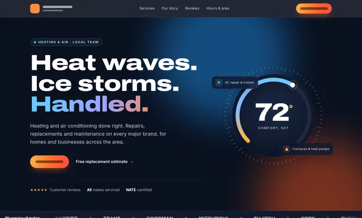Example concept for a heating and air company on desktop: dark navy page with large gradient headline and a thermostat dial. Identifying details removed.