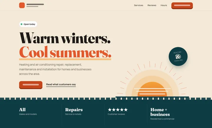 Concept redesign on desktop: warm cream page with a bold serif headline and an illustrated rising sun. Identifying details removed.