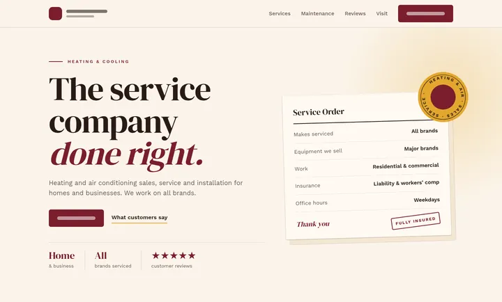 Example concept on desktop: cream and burgundy page with an elegant serif headline and a service-order card with a seal. Identifying details removed.